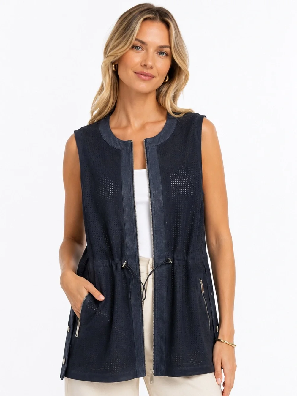 Lafayette 148 NY Perforated Suede Zip Utility Vest XL Navy Drawstring Jacket